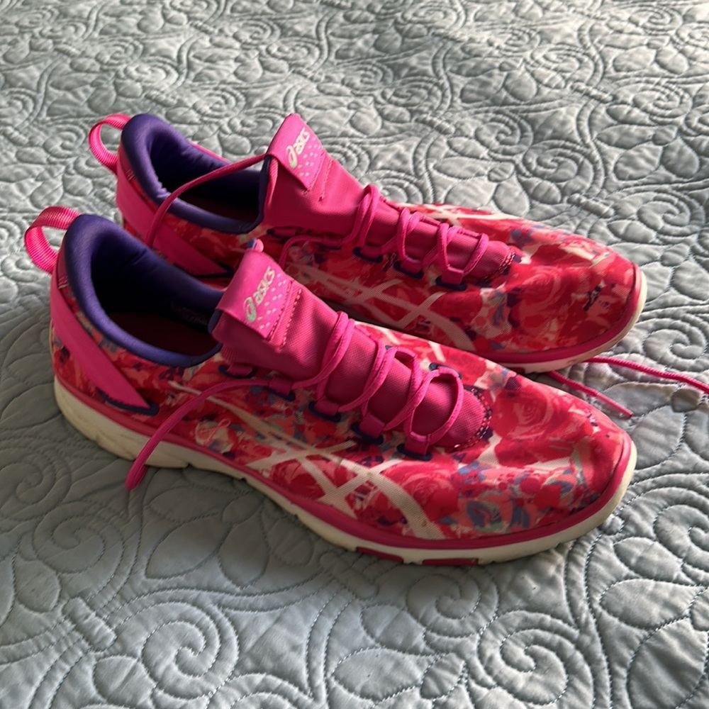 ASICS training pink floral sneakers, women’s size 12 …gently worn